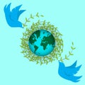 International earth day. Pigeons build a nest of twigs. Day of peace, planets, environment.