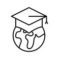 International education icon, Earth in graduate hat, world globe university, academy online learn, global distance education