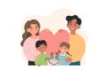 International family concept. Parents of different nationalities with kids and cat. Cute vector illustration in flat