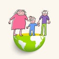 International family day. A family drawn on a globe. The family consists of father