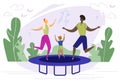 International Family Jumping on Trampoline Flat. Royalty Free Stock Photo