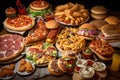 international fast food feast, with plates of burgers, pizzas and sandwiches in various combinations