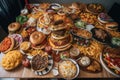 international fast food feast, with plates of burgers, pizzas and sandwiches in various combinations