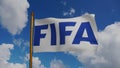 International Federation of Association Football flag waving 3D Render with flagpole and blue sky, soccer Flag of FIFA