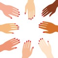 International female hands folded in the center. Woman arm with manicure and red nail polish for girl power concept. Vector
