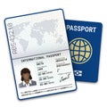 International female passport template with biometric data identification, photo of a black woman and other personal data