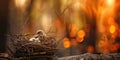 a nest with small chicks on the background of a burning forest, forest fires, rescue of wild