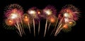 International fireworks festival display at night. Variety of colorful fireworks in holidays celebration isolated on black. Happy Royalty Free Stock Photo