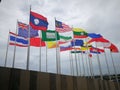 International flags of Asia in the sky, beautiful, with clouds.