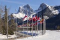 International Flags Canmore Alberta Nordic Centre Recrational Facility Rugged Rocky Mountain Peaks