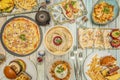International Food Dishes Set. Italian Pizza, Mexican Quesadillas, Asian Gyozas, Spanish Aella, Hawaiian Poke,