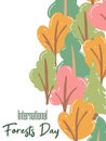 International Forests Day March 21. Holiday concept, go green campaign. Vector illustration of colorful flat trees in