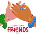 International Friends Day. Two friends with the same jewelry, clap each other\'s palms. Needle in the palm, greeting