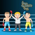 International friendship day, the kids Boxing a draw, the referee and the two boxers are friends. Vector image