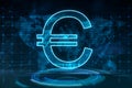 International and global market currency concept with digital euro sign on blue circle on dark background with world map