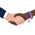 International handshake. Harmony of different races and population class. Businessmen and hippie make a deal. Successful