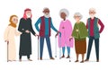 International happy old people. Elderly afroamericans, muslims and caucasians vector illustration