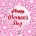 International Happy Women`s Day 8 March floral greeting card with round banner Royalty Free Stock Photo