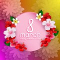 International Happy Women`s Day 8 March floral greeting card with round banner Royalty Free Stock Photo