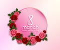 International Happy Women`s Day 8 March floral greeting card with round banner on pink background Royalty Free Stock Photo