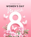 International happy women\'s day 8 march with flowers and butterfly poster design on pink background Royalty Free Stock Photo