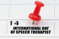 On the calendar grid, the date and name of the holiday - International Day of Speech Therapist