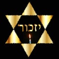 International Holocaust Remembrance Day on 27 January. The Golden Jewish Star. Burning candle. Gold inscription in