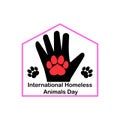 International Homeless Animals Day design template. Dog and cat paw print, heart and human hand with house. Vector clipart. Royalty Free Stock Photo