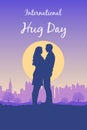 International Hug Day vector card with silhouette of couple on background of sunset landscape with city view, tree, sun and sky. Royalty Free Stock Photo