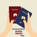 International Human Rights Day. Women`s hands give passports