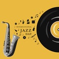 International Jazz Day, illustration of jazz music instruments silhouettes and saxophone