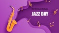 International jazz day poster or banner with saxophone in paper cut style. Digital craft paper art