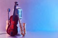 International Jazz Day or World Music day background. Musical instruments on blue background Royalty Free Stock Photo