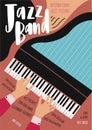 International jazz festival, concert, music performance advertisement poster or flyer template with pianist`s hands