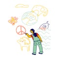 International Kids Day or Peace Day Concept. Little Dark Skin Girl Drawing Peace Symbol, Animals and Earth