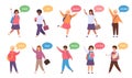 International kids say hello. Diversity school children with speech bubble on english, spanish, chinese and french Royalty Free Stock Photo