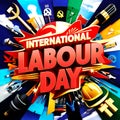 international labor day poster with various tools, AI-generated.