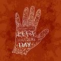 International Left Handers Day. 13 August. Hand lettering with the name of the event. Silhouette of the left hand, doodle.