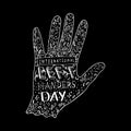 International Left Handers Day. 13 August. Hand lettering with the name of the event. Silhouette of the left hand, doodle.