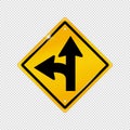 International Left Turn Split Symbol - Textured Yellow Warning Icon - Vector Illustration Isolated On Transparent Background Royalty Free Stock Photo