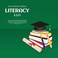 International literacy day banner with college graduation cap, diploma paper roll, pencil, ink pen and stack of books for literacy Royalty Free Stock Photo