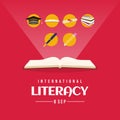 International literacy day banner with college graduation cap, diploma paper roll, pencil, ink pen, stack of books on open book Royalty Free Stock Photo