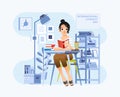 International literacy day banner with young women sit on chair and reading book on desk in the office room vector illustration