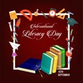 International Literacy Day post. 15th September Education concept vector illustration. Pile of books in colorful background