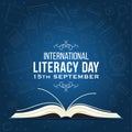 International Literacy Day post. 15th September Education concept vector illustration. Pile of books in colorful background