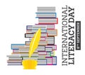 International Literacy Day Poster with Pile of Books and Quill Pen. Education Concept Royalty Free Stock Photo