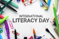 International Literacy Day. School Stationary Top View