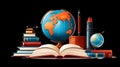 International literacy day September 8 with books, globe, and pens isolated on black background. Vector art. Education Day concept