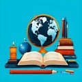 International literacy day September 8 with books, globe, and pens isolated on blue background. Vector art. Education Day concept