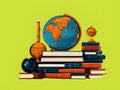 International literacy day September 8 with books, globe, and pens isolated on green background. Vector art. Education Day concept